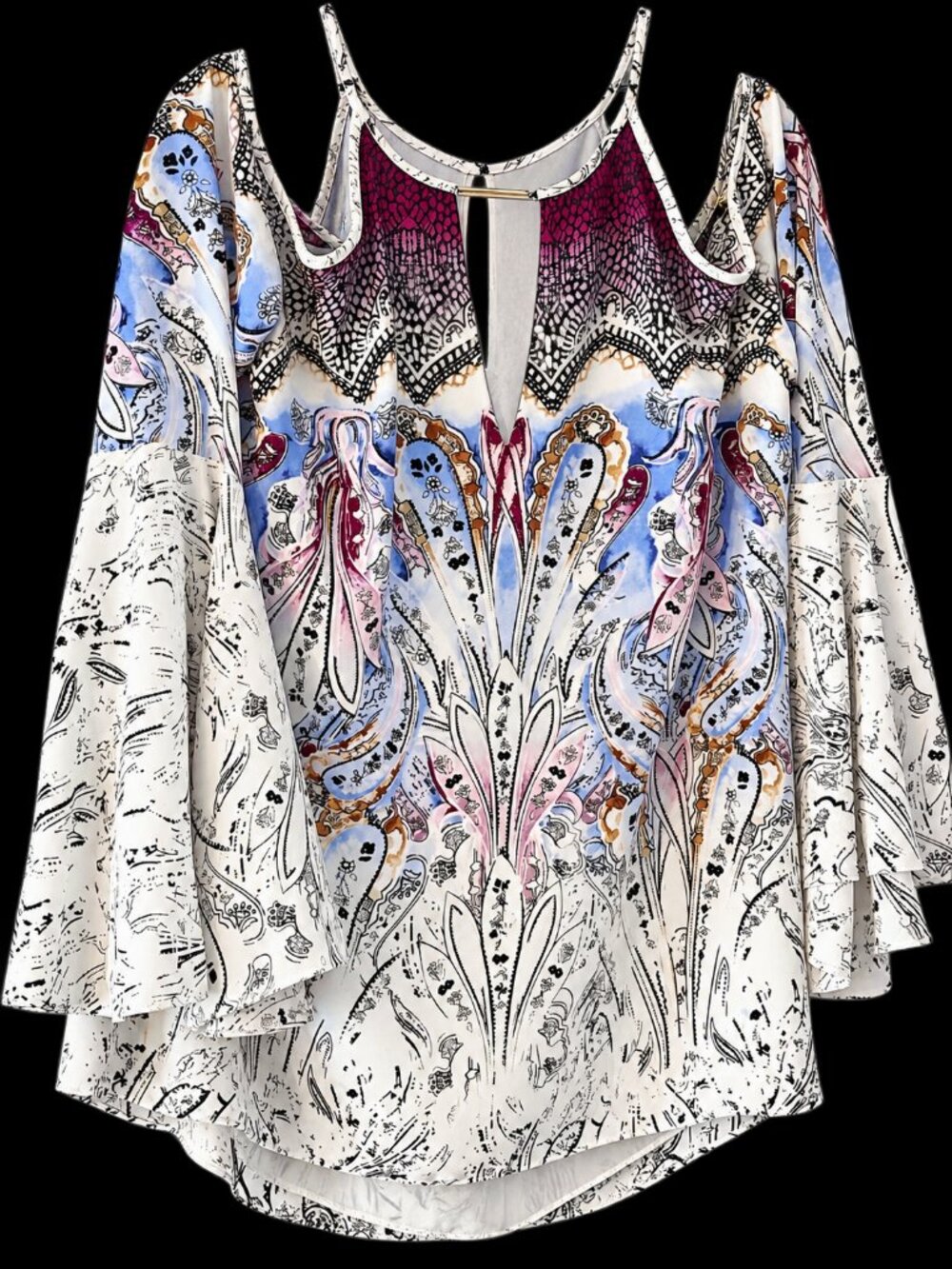 WHBM Tasha Cold Shoulder Blouse Size 12 Paisley Bell Sleeve Top NWT $98
